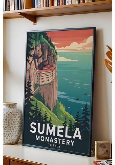 Sümela Manastırı Tablo - Retro Travel Poster - Trabzon Şehir Serisi Duvar Dekoru - Çerçeveli Poster Siyah