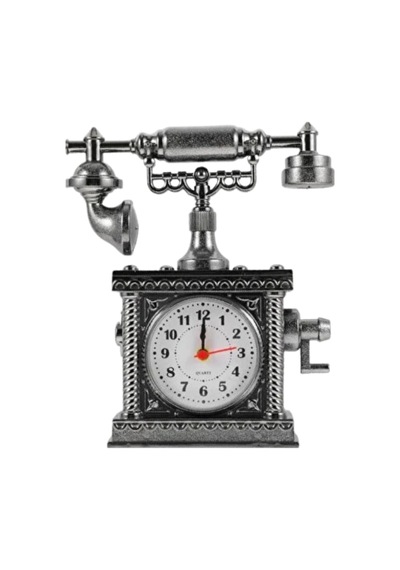 Vintage Telefon Tasarımlı Masa Saati Ve Çalar Saat Dekoratif Model Antrasit Melanj