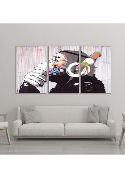 3'lü Set Cam Tablo Kulaklıklı Goril Banksy Pop Art Dekorasyon