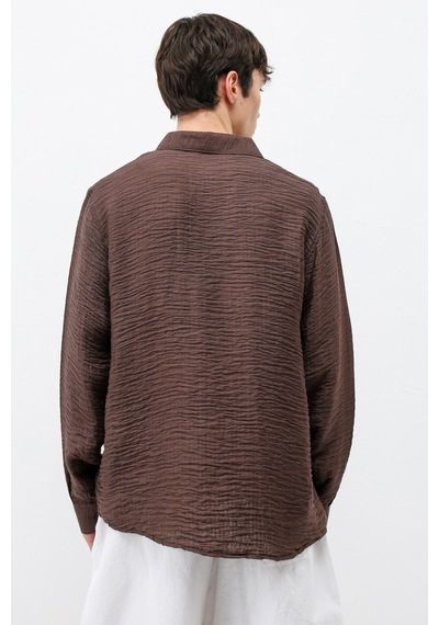 Vamos Dokulu Oversize Gömlek Kahve