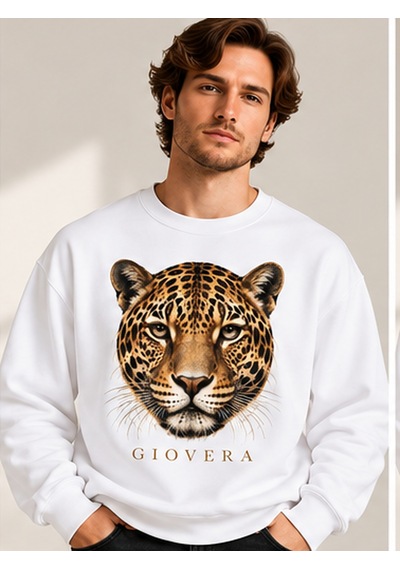 Gıovera Jaguar Premium Oversize Erkek Sweatshirt %100 Pamuk Beyaz
