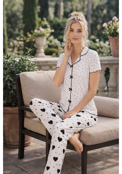 Kadın 01643 Kısa Kol Kaşkorse Pijama Takımı Ekru