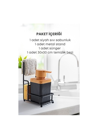 Grimorlife Metal Standlı Süngerli Tekli Siyah Ahşap Akrilik Bulaşık Deterjanı Sıvı Sabunluk 400 Ml-bez Askılığı Siyah