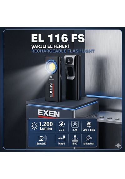 Exen El 116 Fs - 3.7v 2ah 1.200 Lümen Şarjlı Slim Tip El Feneri