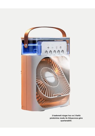 Mini Klima Fan Usb Şarjlı, 3'ü 1 Arada, 7 Renk Gece Lambalı, Nemlendirici