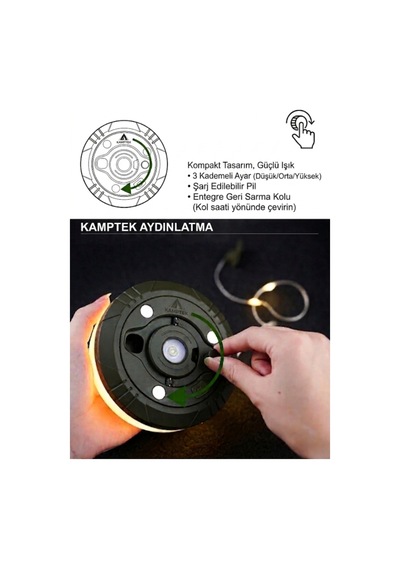 Kamptek Şarj Edilebilir Kamp Lambası - 10 Metre Peri Led Işıklı, 2000mah, 8 Modlu Taşınabilir Kamp Aydınlatması Beyaz