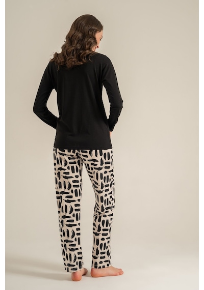 Pierre Cardin Kadın Siyah Nakışlı Uzun Kol Pijama Takım Pc9300-s-v1 Pc9300-s-v1