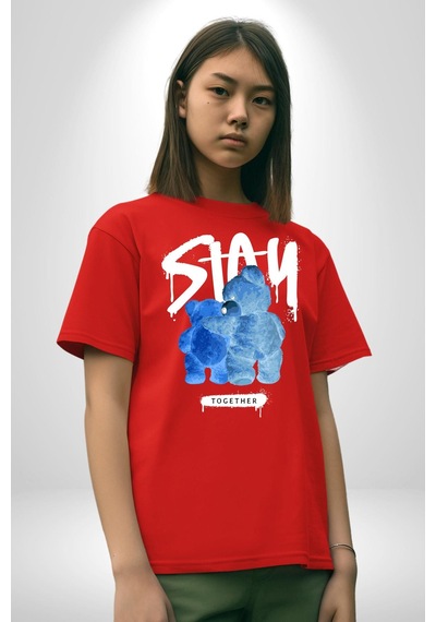 Birlikte Kal Pamuklu Bisiklet Yaka Unisex Oversize Boyfriend Dijital Baskılı Kırmızı T-shirt Kırmızı