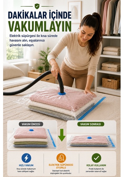 Mini Boy Vakumlu Hurç 60x80 Cm 1 Adet Vakum Poşeti Çift Kilitli Saklama Torbası Şeffaf Düzenleyici