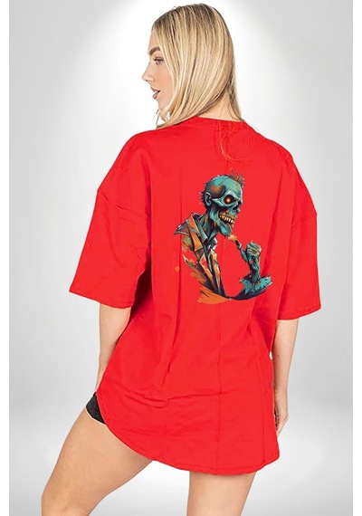 Zombi İskelet Kendine Yumruk Kırmızı Oversize Unisex Ön Ve Sırt Baskılı Tişört Kırmızı