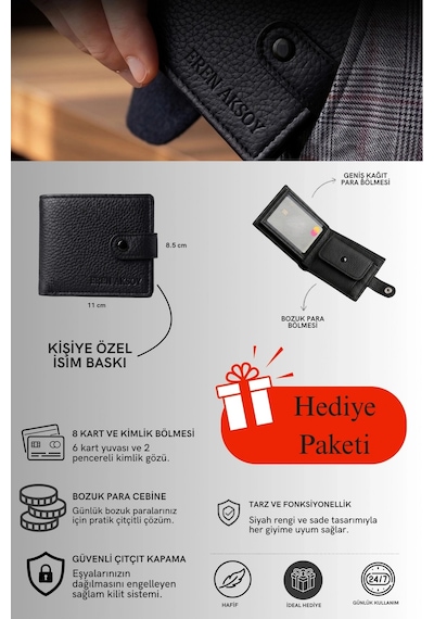 Vanilla Collection Erkek Cüzdan İsim Baskılı Bozuk Para Cepli Çıtçıtlı Kapak 8 Kart Cepli Modern Tasarım Siyah
