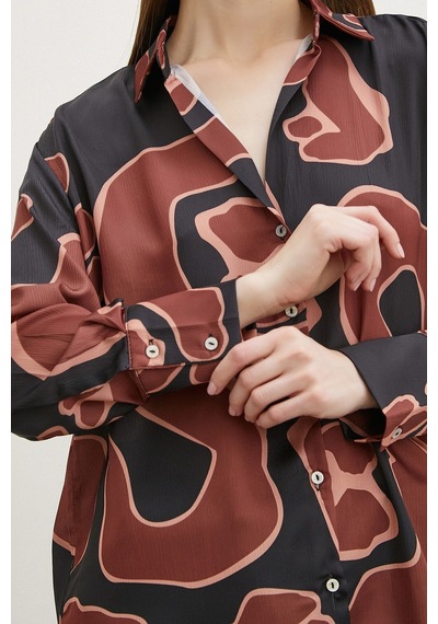 Never More Baskılı Saten Gömlek Kahve Kahve