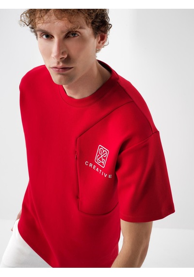 Xint Kırmızı Pamuk Dokulu Oversize Tişört 502175
