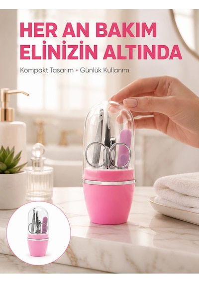 Tırnak Bakım Manikür Pedikür Seti 4 Parça Pembe Pratik Günlük Kullanım Yeni Nesil