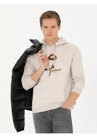Bej Melanj Regular Fit Pamuk Karışımlı Kapüşonlu Sweatshirt