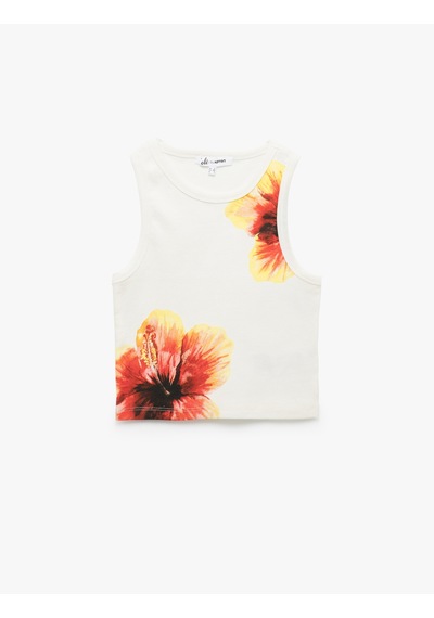 Koton Çiçek Baskılı Kolsuz Bisiklet Yaka Slim Fit Üst Ekru 5sal30100ık Ekru