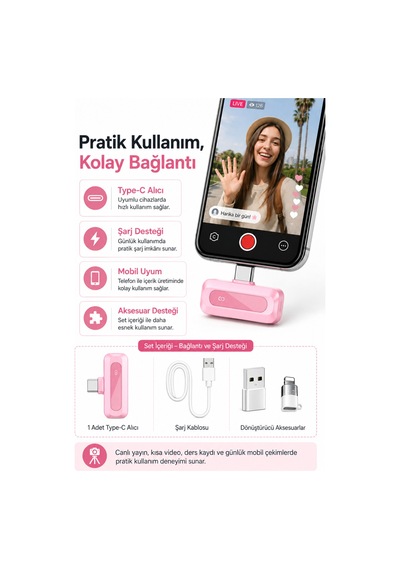 Pembe Kablosuz Yaka Mikrofonu 2.4g Type-c / Lightning Uyumlu Gürültü Azaltmalı Mini Vlog Canlı Yayın Röportaj Mikrofonu