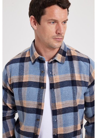 Tudors Erkek Slim Fit Dar Kesim Kareli Kışlık Oduncu Gömlek-42348 Mavi