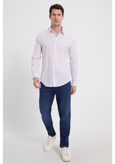 Tudors Erkek Slim Fit Dar Kesim Uzun Kollu %100 Pamuk Keten Doku Çizgili Gömlek-42652 Beyaz