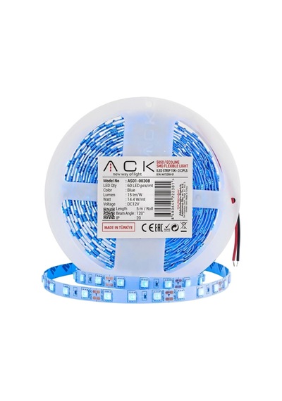 Buffer Mavi Led Şerit 5m 60 Led/m 12v 14.4w Güçlü 3 Çipli Işık Şerit Led