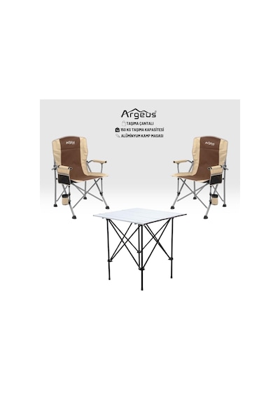 2 Adet Katlanır Kamp Sandalyesi Ve Alüminyum Masa Seti - Rustic Silver - Kum Çok Renkli