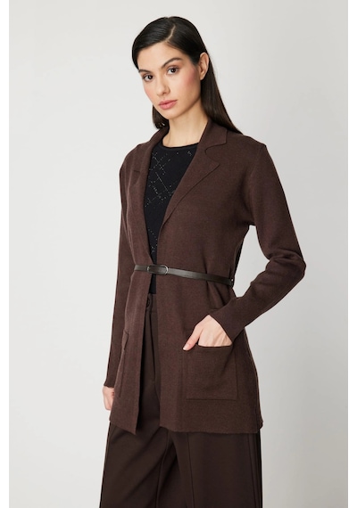 On Fashion Kadın Önü Açık Cepli Kemerli Kahverengi Hırka 69907 Kahve