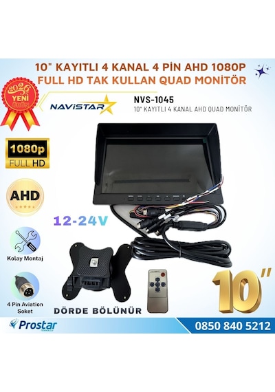 Kayıtlı 10 İnç 4 Kanal Full Hd Tak Kullan Quad Ahd Analog Uyumlu Araç Monitörü 12-24v