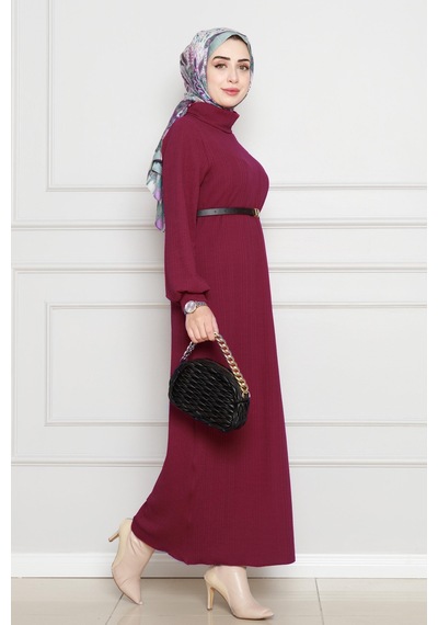 Sevitli Balıkçı Yaka Kemerli Elbise-bordo-4553 Bordo