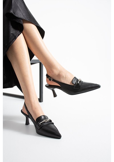 Dericia Shoes Infinity Hakiki Deri Kadın İnce Topuklu Arka Açık Ayakkabı Siyah