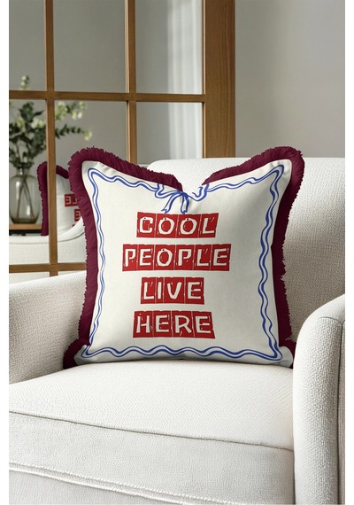 Cool People Live Here Yazılı Saçaklı Yastık Kılıfı-nostaljik Yazı Krem Bordo Püsküllü Kırlent Kılıfı Sarı