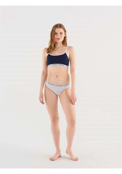 Kadın Beyaz & Lacivert Puantiyeli Likralı Pamuklu Büstiyer Slip Set Lacivert
