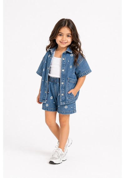 Eray Alp Kids Kız Çocuk Mavi Çiçekli Kot Gömlek Şort Takımı Günlük Rahat Kombin