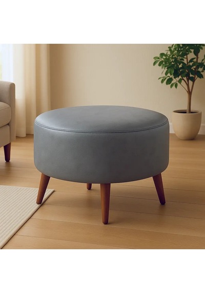 Waterybrook Suni Deri Puf Large - Ceviz Ahşap Ayaklı - Retro Modern Tasarım - Dekoratif Sehpa Gri