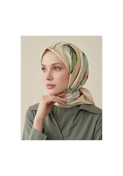 Bushu Çiçek Ve Desenli Twill Eşarp Açık Yeşil Romantik