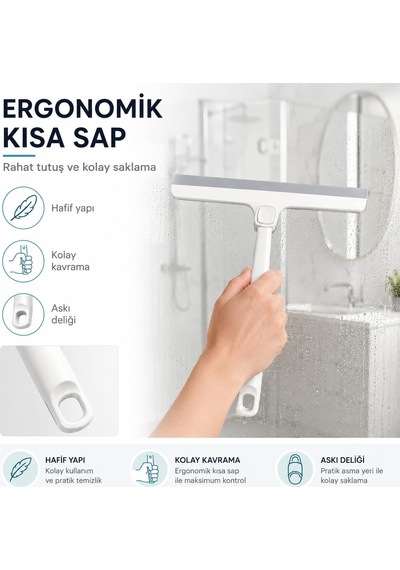 Sogud Viscomop 360 Döner Başlıklı Cam Çek - Silikon Uçlu Duşakabin Çekçek - Banyo Ayna Pencere Fayans Ve Araç Camı İçin İz Bırakmayan Su Sıyırıcı Temizlik Aparatı Açık Gri