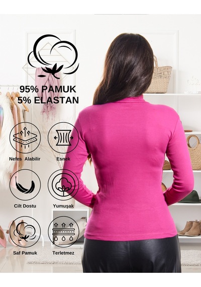Alya Underwear Kaşkorse Tam Boğazlı Body Sweatshirt, Fitilli Kumaş, Likralı, Gül Kurusu Fuşya Melanj