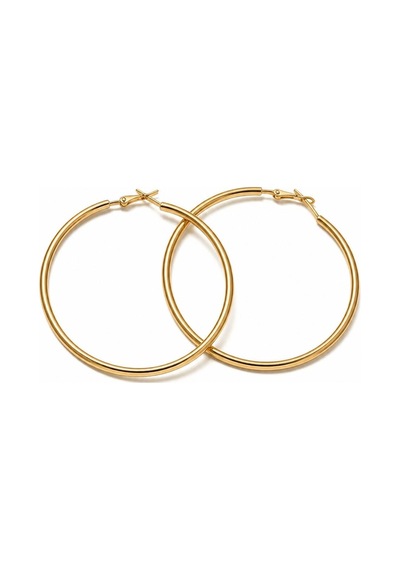 Gold Renk 66 Mm Düz Çelik Klasik Halka Küpe - Minimalist Klipsli Halka Küpe