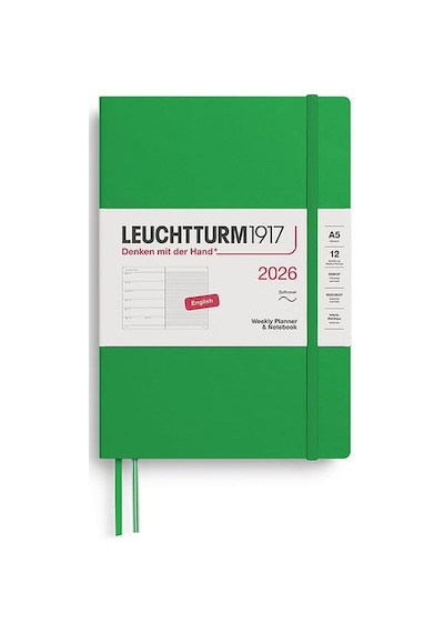 Leuchtturm1917 Orta Boy A5 12 Aylık Ajanda Ve Not Defteri Çizgili 2026 Yumuşak Kapak, İngilizce, Spring Leaf372678 Yeşil