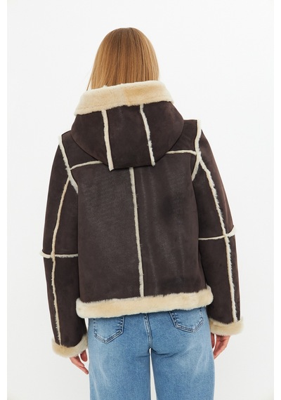 M M Marki Marki Hakiki Nubuk Deri Kapüşonlu Oversize Kadın Mont - İçi Kürklü - Kahverengi 65 Cm - 115522 Nubuk Kahverengi