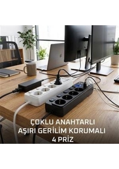 Akım Korumalı 4 Lü Priz 2xusb 2xtype-c Çıkış Yüksek Gerilim Koruma Priz Çoğaltıcı 0