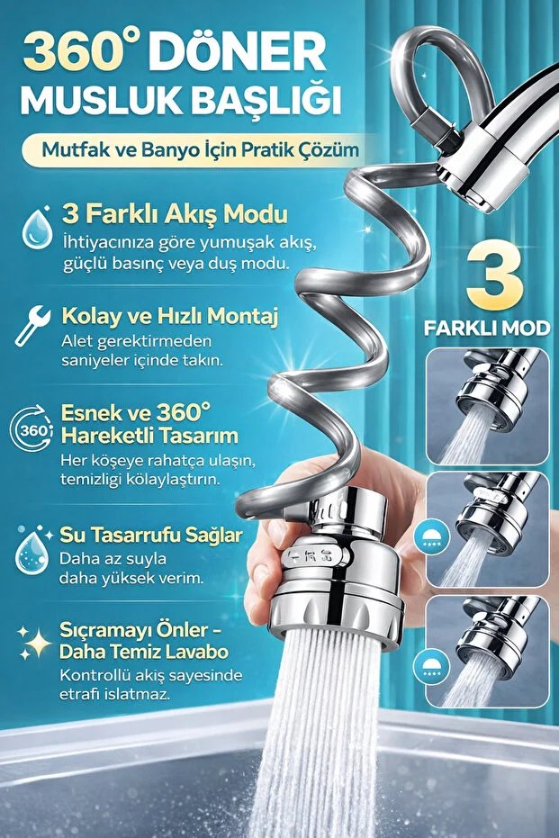 Musluk Başlığı 75 Cm Uzatmalı 360 Döner 3 Modlu Su Tasarruflu Uzayan Musluk Başlığı