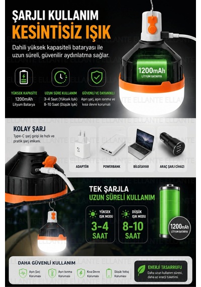Şarjlı Led Kamp Feneri 30w Güçlü Işık 6500k Beyaz Aydınlatma 3 Fonksiyonlu Taşınabilir Acil Durum Ve Çok Renkli