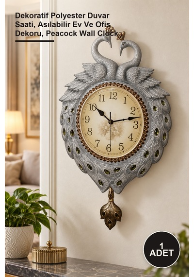 1 Adet Duvara Asmalı Tavuskuşu Saat Dekoratif Polyester Duvar Saati, Asılabilir Ev Ve Ofis Dekoru, Peacock Wall Clock Diğer