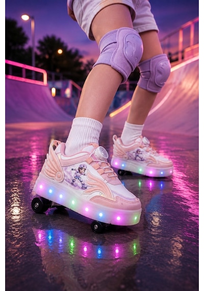 Muggo Wıngs Çocuk Kanat Detaylı Işıklı Patenli Tekerlekli Sneaker Spor Ayakkabı Pudra