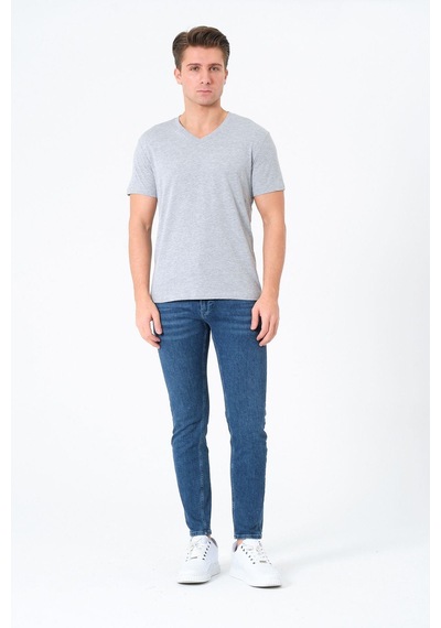 Rich Erkek V Yaka %100 Pamuk Kısa Kollu Gri T-shirt Basic Erkek Tişört Gri