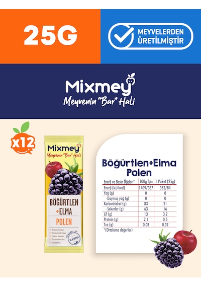 Mixmey Bee Polen Böğürtlen Meyve Barı 12 Adet | Atıştırmalıklar – Glutensiz (25GR X 12 ADET)