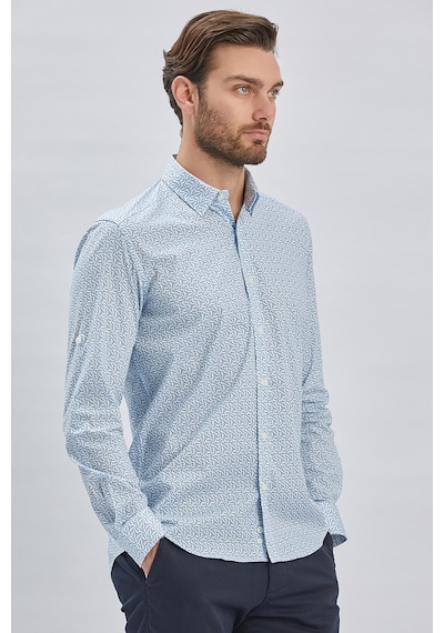 İmza Mavi Kısalabilir Kol Baskılı Düğmeli Yaka Cepsiz %97 Pamuk %3 Elastane Klasik Slim Fit Gömlek 1004240116-mavi Mavi