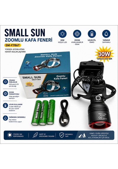 Small Sun Sm-f786t 30w 3000 Lümen Zoomlu Sensörlü Şarjlı Kafa Feneri Yedek Bataryalı Siyah