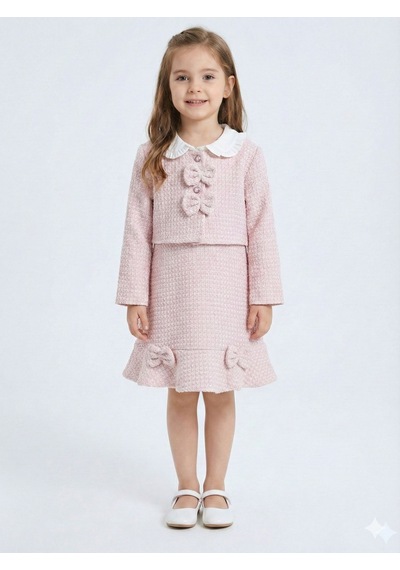 Xo Kids Bebe Yakalı Pudra Fiyonklu Tüvit Kız Çocuk 3lü Ceketli Elbise Takmı 2-7 Yaş 4421 Pembe