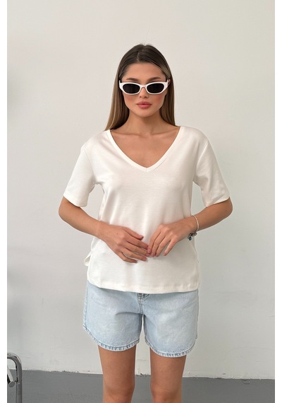 Giysa Kadın V Yaka Modal Kumaş Basic T-shirt Beyaz - Ms0001587